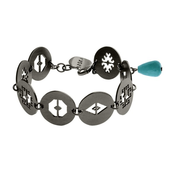 Ażurowa bransoletka z peruwiańskimi symbolami i turkusowym kamieniem