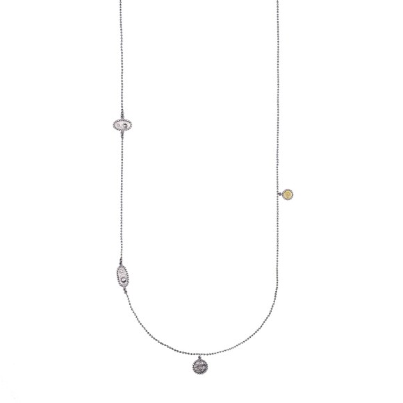 Grafitowy, długi naszyjnik z ozdobnymi zawieszkami z kolekcji Semios