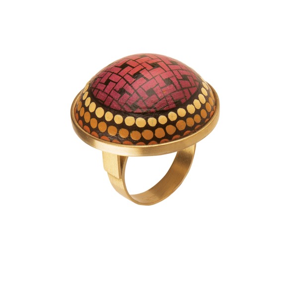 Okrągły  złoty pierścionek z kolekcji Meksyk z ręcznie malowaną tarczą